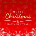 Merry Christmas and Happy New Year text design. Square winter snowflake poster with red background. Xmas greeting card template. Royalty Free Stock Photo